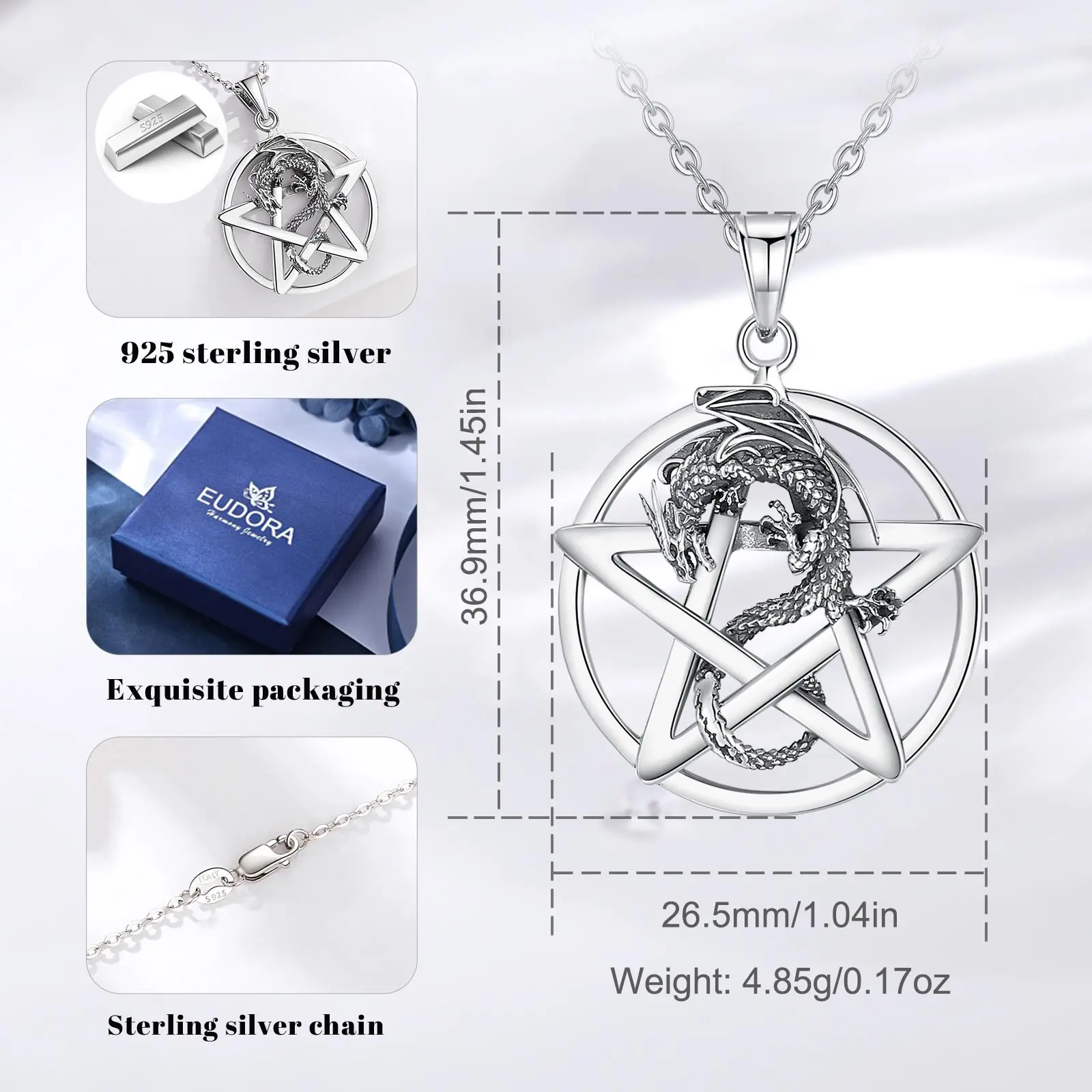 Eudora Original 925 Sterling Silver Pentagram Dragon Necklace for Women Man Vintage Star Tetragrammaton Pendant Personality Gift