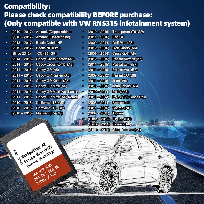 AZ V12 RNS315 SD V12 2020-2021 بطاقة أوروبا الغربية الغربية الغربية الجديدة الأصلية خريطة GPS لسيارات فولكس فاجن تتبع الطريق