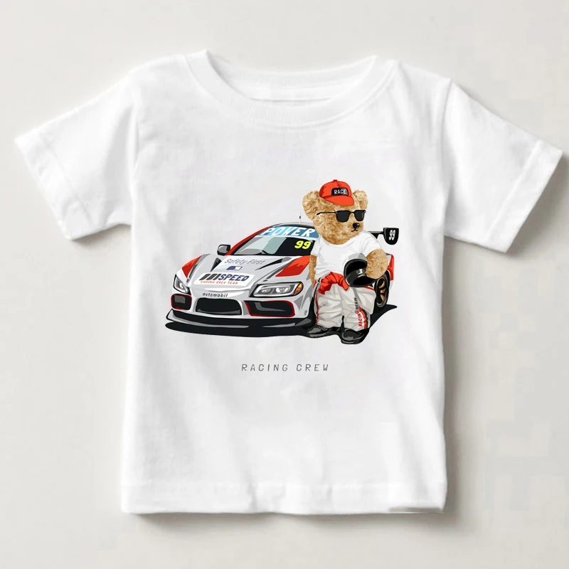 T-shirt blanc imprimé ours drôle pour enfants, vêtements Y2K pour garçons et filles, moto, voiture, Harajuku, Kawaii, drôle, bébé, été