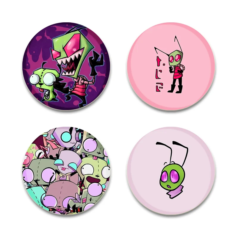 ET Green Invader ZIM Tinplate Pin Round Cartoon Funny Brooches for Backpack Cothes Accessories Anime Collection Badge Decoration