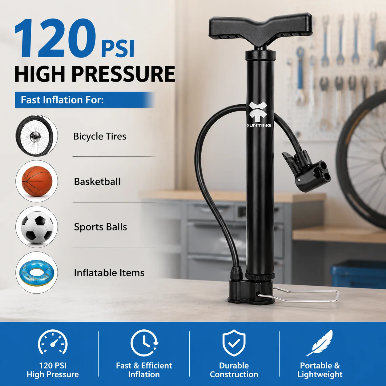 XUNTING Mini-Fahrradpumpe 120PSI Hochdruck-Luftpumpe Tragbarer Fahrradreifen-Inflator Presta-Schrader-Ventil für Fahrrad Ball Sport