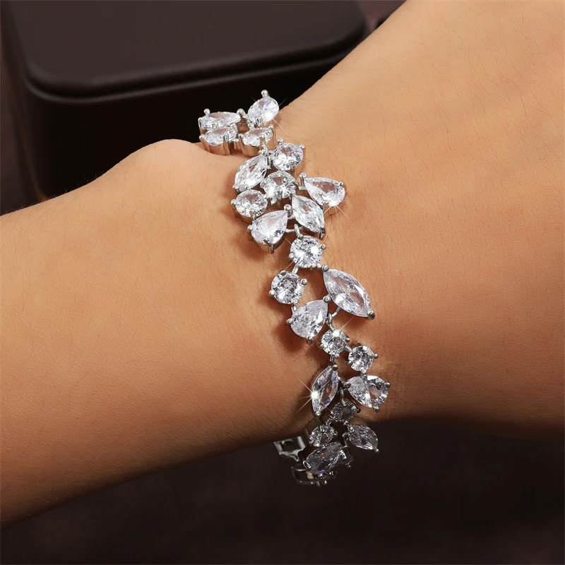 ZAKOL Fashion White Leaf Charm Bracelets for Women Shinny Cubic Zirconia Bracelet Bridal Wedding Party Jewelry BP014