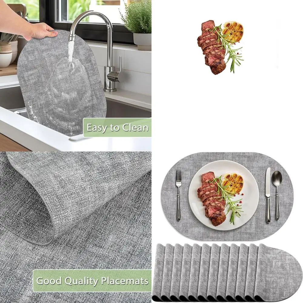 

Gray Oval Washable Heat-Resistant Placemats Set of 12, Waterproof Non-Slip Faux Leather Table Mats for Indoor & Outdoor Use