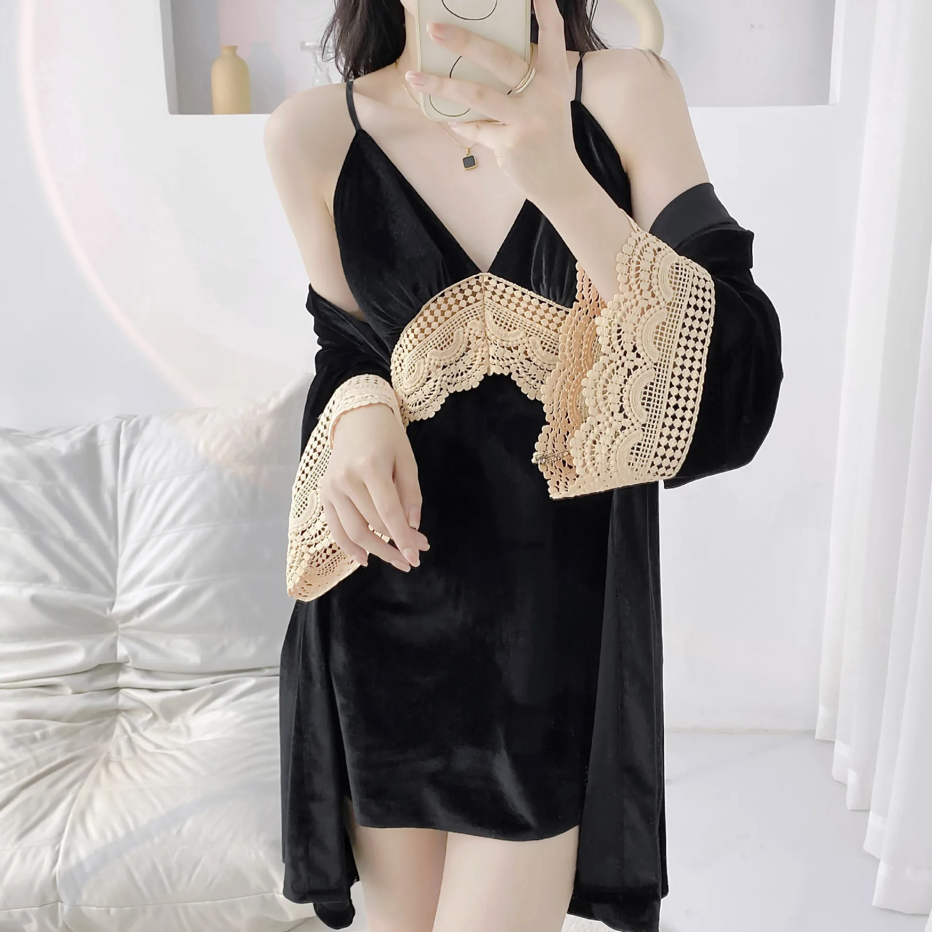 

Velour Lace 2PCS Robe Nightgown Set Women Kimono Backless Nightdress Gown Sleep Suit Autumn Velvet Winter Sleepwear Loungewear