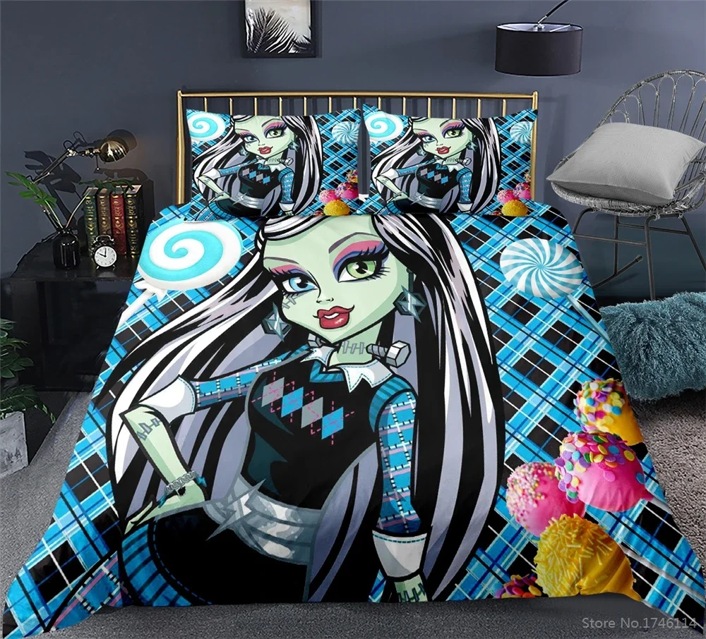 Monster High Frankie Stein Duvet Cover Set 3D Cartoon Printed Bedding Set Queen King Size Comforter Cover with Pillowcase Set