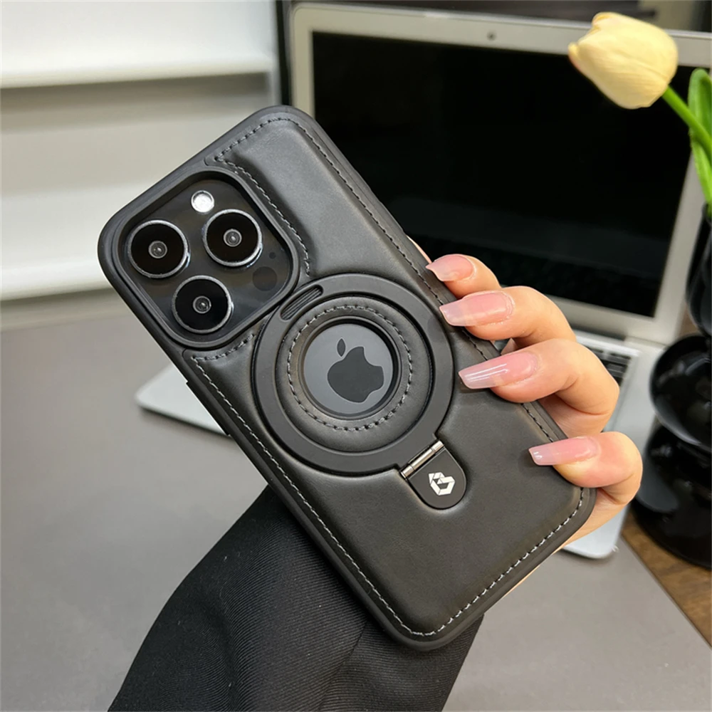 Роскошный чехол для телефона из искусственной кожи с магнитной подставкой и кольцом для iPhone 12, 13, 14, 15, 16 Pro Max Magsafe с полым логотипом и беспроводной зарядкой