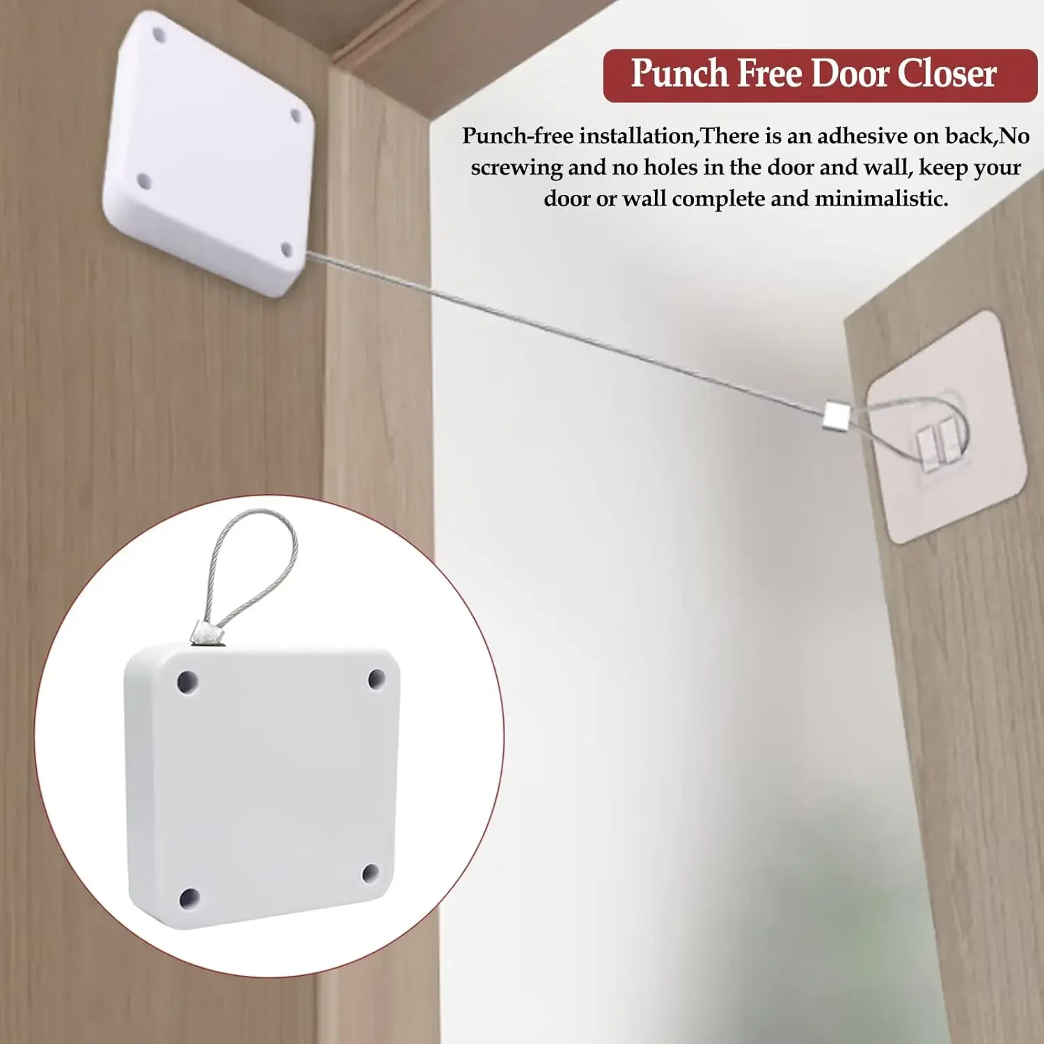 Punch-Free Automatic Sensor Door Closer Adjustable Surface Door Stop Bracket Pull Cord Door Closer for Residential Commercial