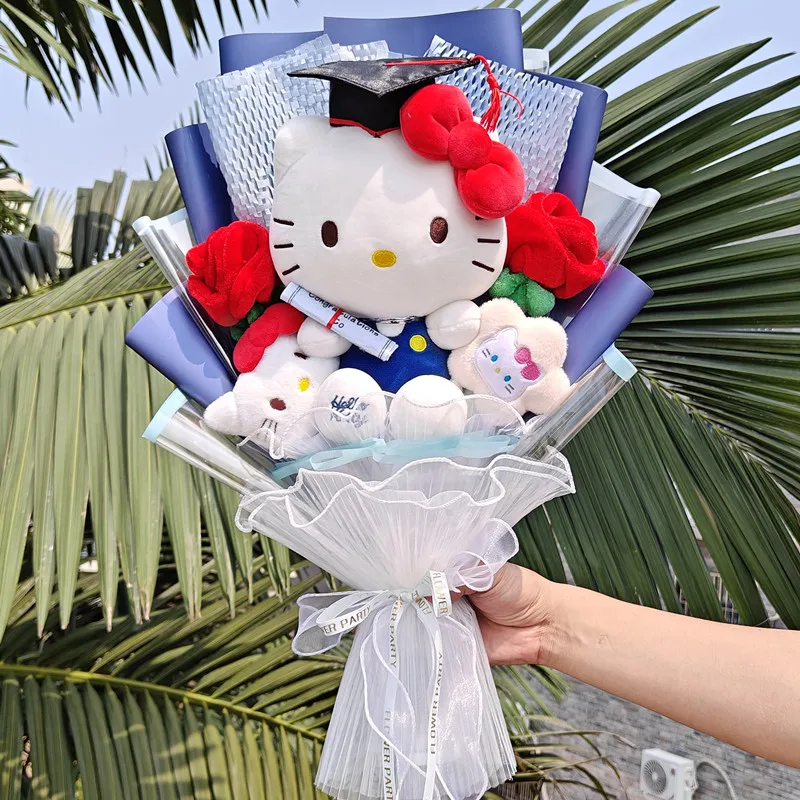 2024 Sanrio Hello Kitty Graduation Bouquet My Melody Kuromi Cinnamoroll With Graduation Hat Handmade Girls Valentine's Day Gift