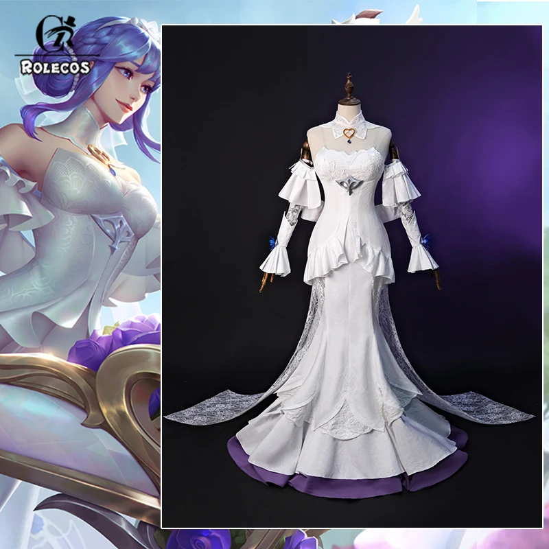 

ROLECOS LOL Crystal Rose Sona Cosplay Costume The Maven Of The Strings Sona Costume Halloween Outfit Women White Dress New Skin