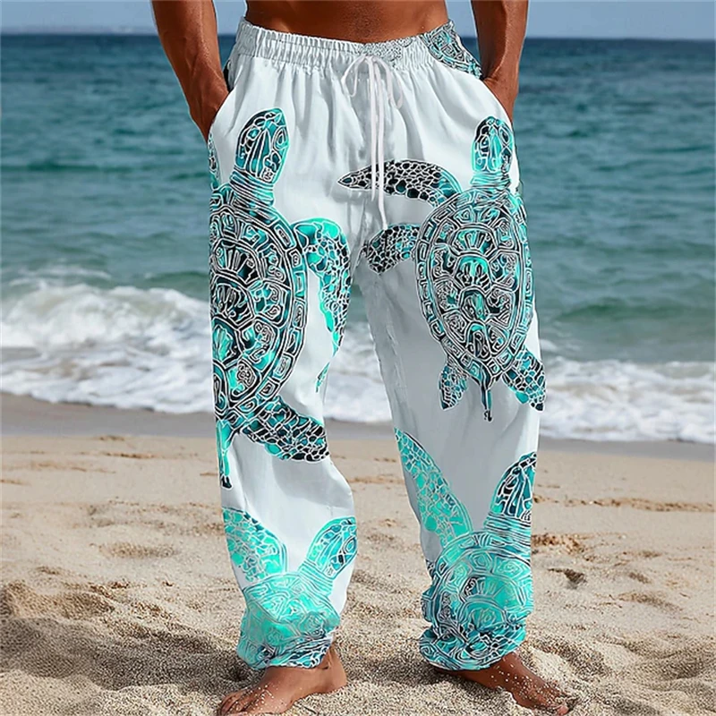 Men's Spring Summer Beach Shorts with Turtle Print Elastic Waistband with Drawstring Straight-Leg Casual Loose-Fit Pants