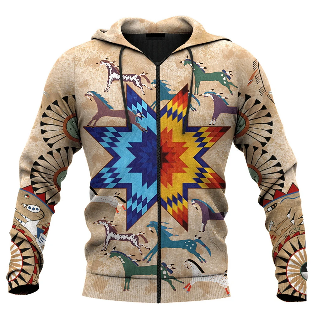 HX Indian Men Sweatshirt American Horse Star Ledger Art Patterns DIY Name 3D All Over Printed Shirt Hoodies Zipper Jacket