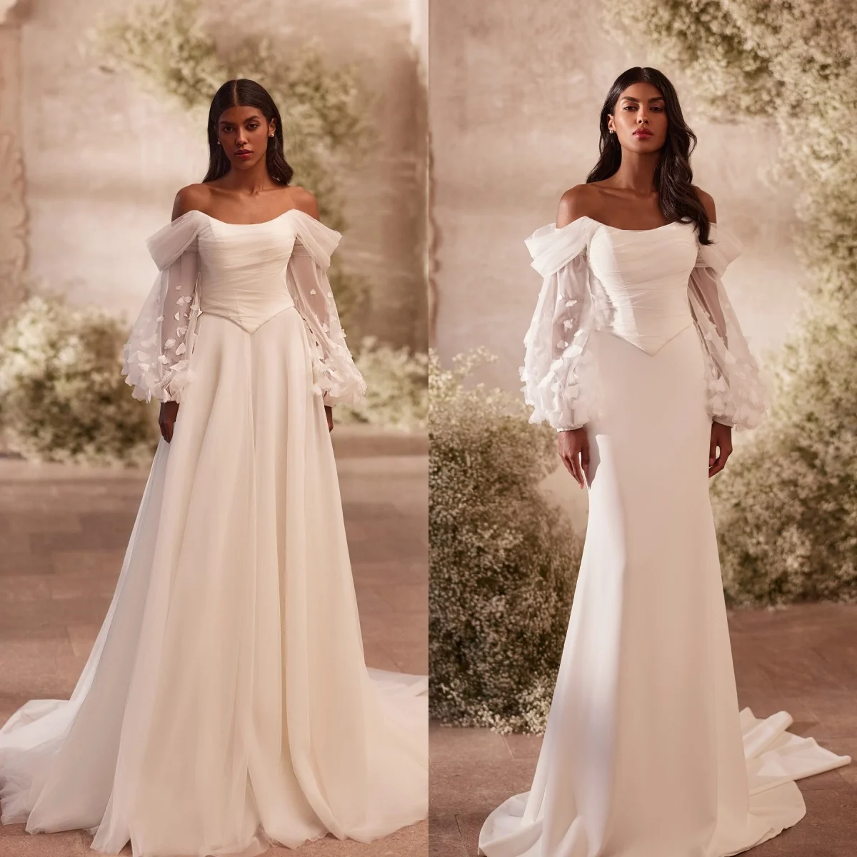 

Simple White Mermaid Wedding Dress Off Shoulder Lace Sleeve Robes de Soriee with Detachable Train Customized Formal Bridal Gowns