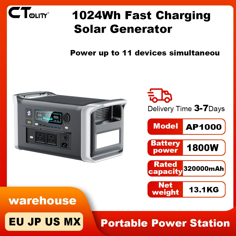 

CTOLITY AP1000 1800W 320000mAh Solar Generator Portable Power Station 1024Wh For Outdoor Camping Emergency Energy Storage RV