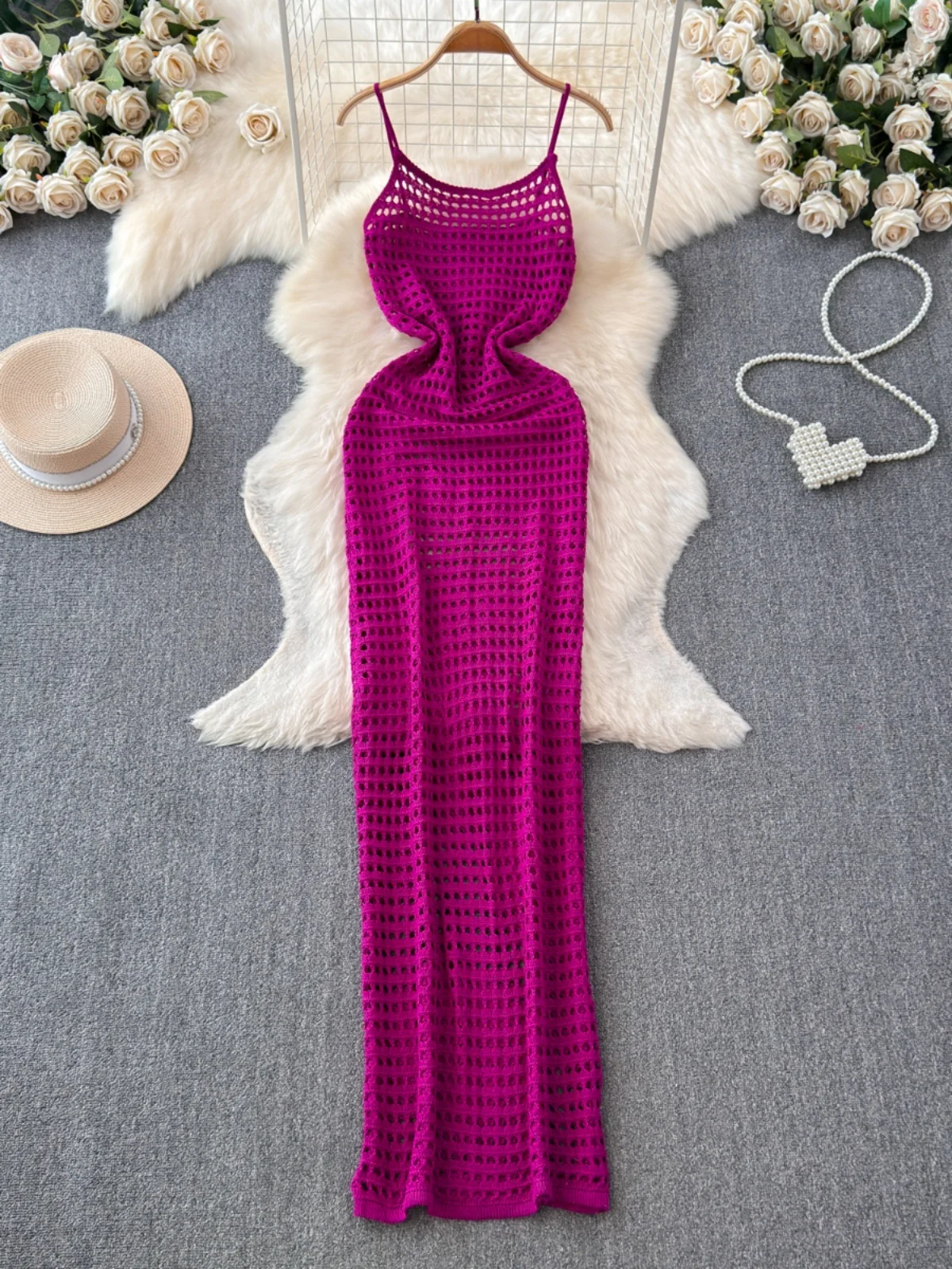 n Sle tricoté taille haute minceur plage Dr femmes été Vaion évider Bal sangle longue Dr