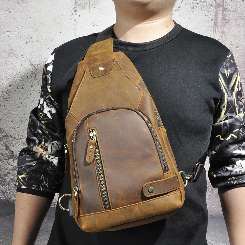 2023 Trend Thick Crazy Horse Leather Retro Sling Chest Bag 8