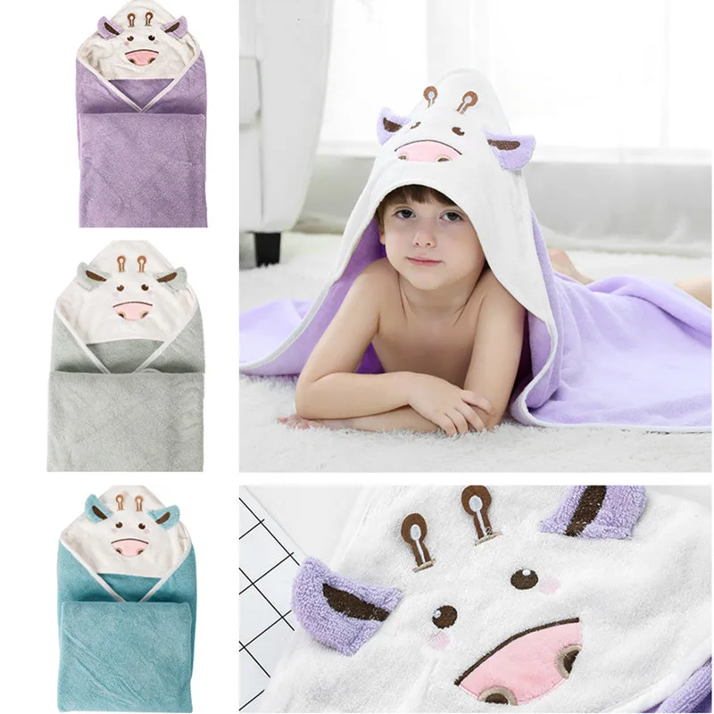 

80x80cm 100% Cotton Children Cloak Home Soft Bathroom Bath Hooded Towel Cartoon Cow Kids Quilt Blanket