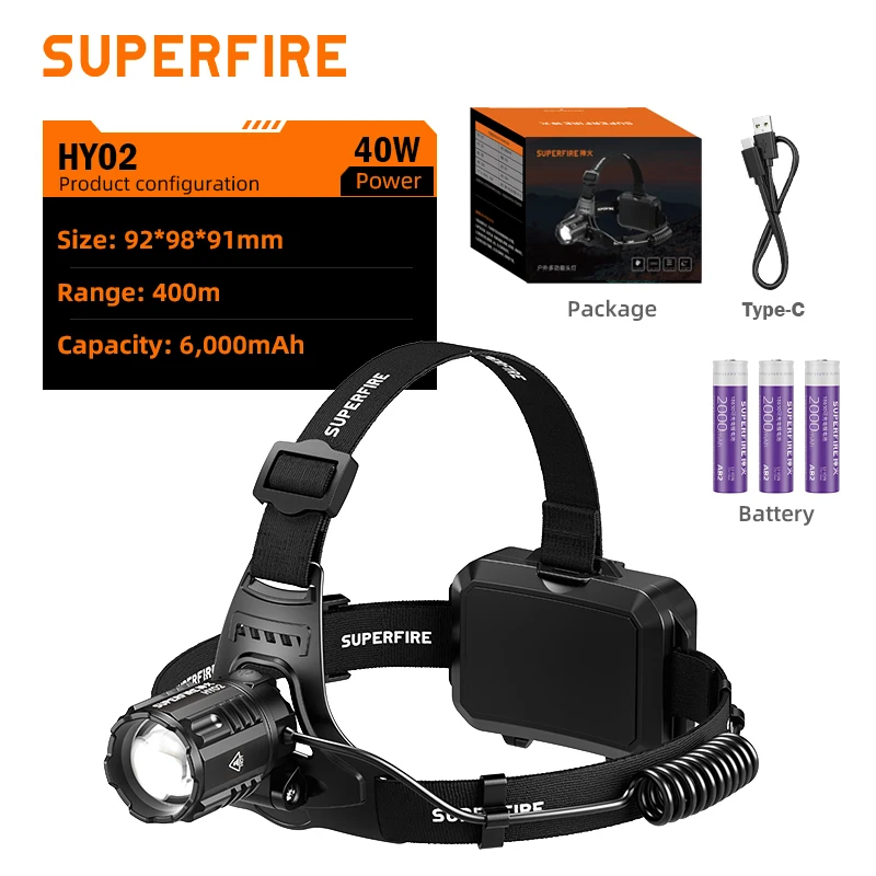 

Мощный светодиодный налобный фонарь SUPERFIRE HY02 с USB-зарядкой, телескопическим зумом, высокой яркостью, дальностью 500 м, для рыбалки