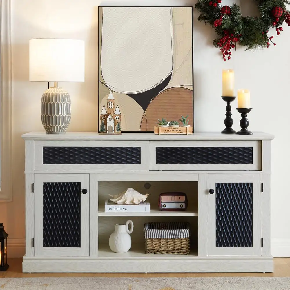 

TV Stand Media Console Embossed White Farmhouse Style 58.27W with Sliding Door Cable Management Fits up to 65in TV