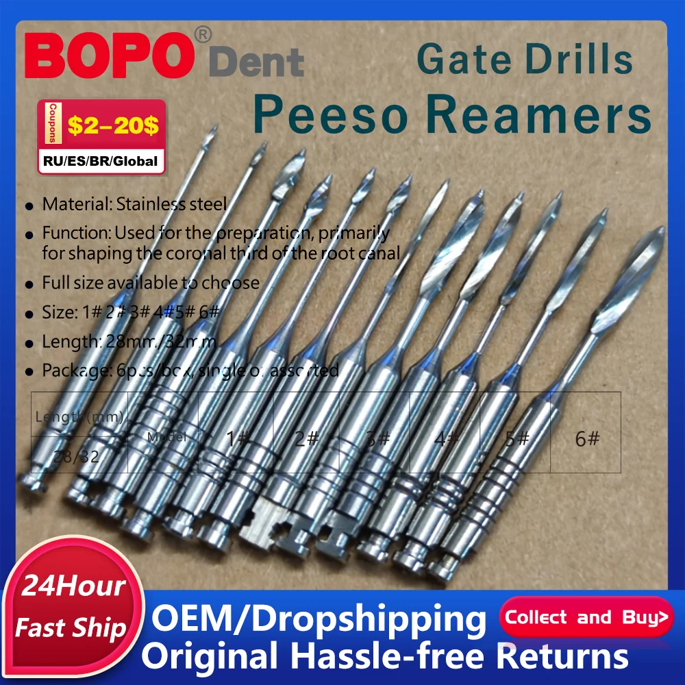

6Pcs/Pack Endodontic Gates Drill Dental Peeso Reamers Glidden Rotary Paste Carriers Endo Stainless Steel Files 32mm/28mm U Drill