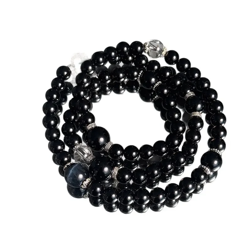 [Black Priest] New Chinese Natural Black Obsidian Silver Obsidian Multi-circle Bracelet Natal Year Blue Tiger Eye Bracelet
