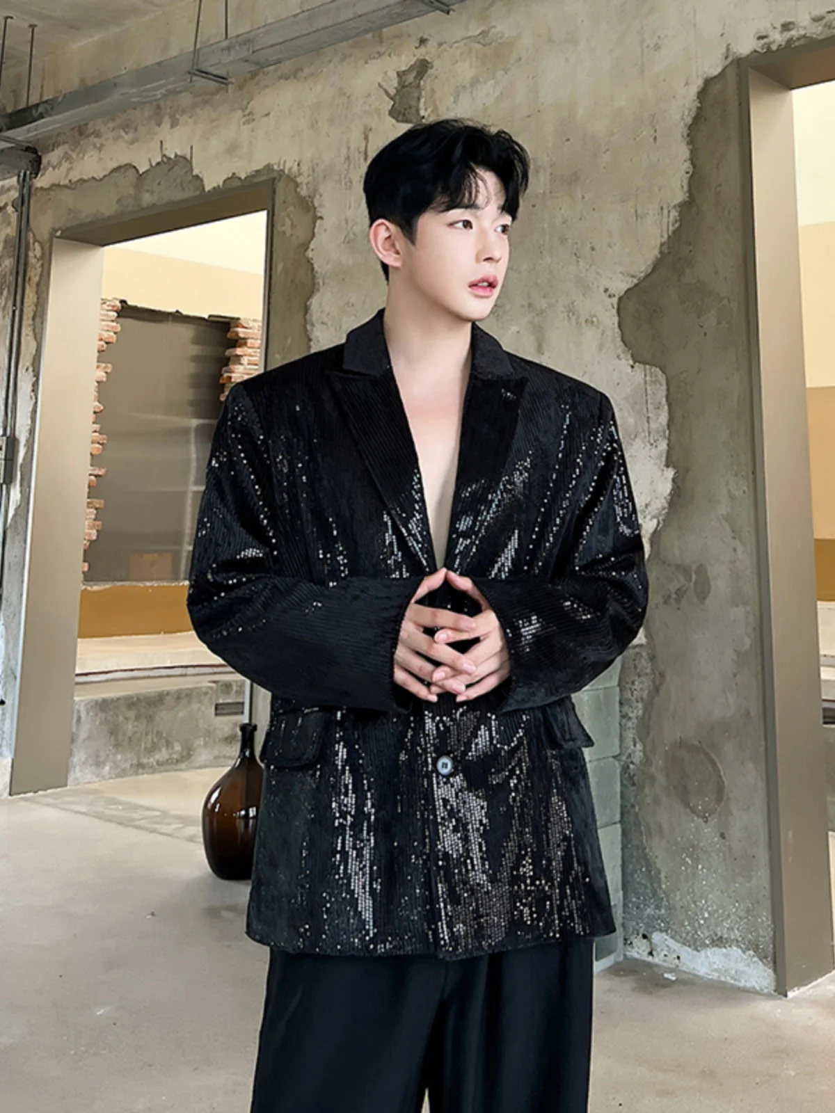 

Мужской свободный пиджак для выступлений в ночных клубах, весенне-осенний повседневный костюм с длинными рукавами, наряд для бара