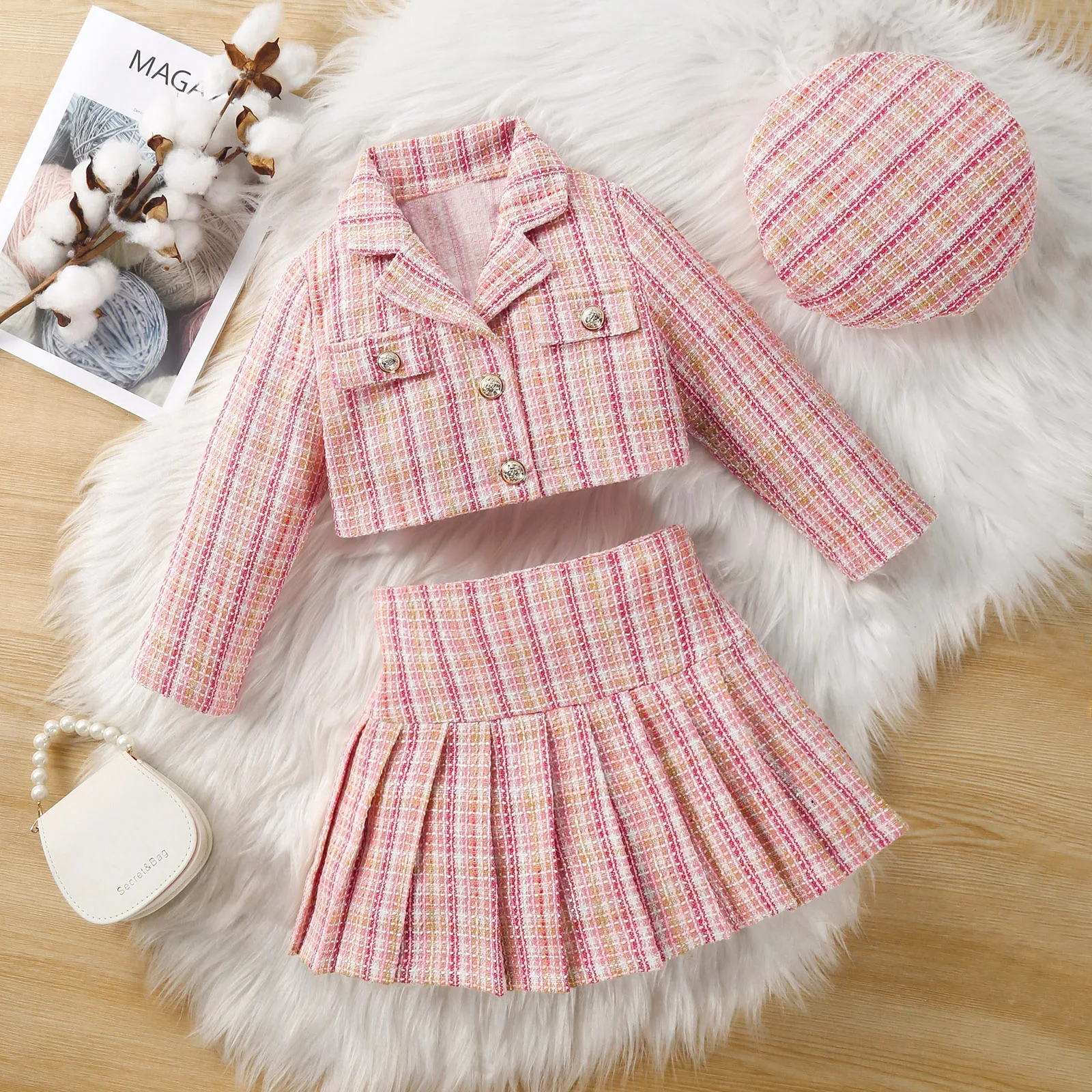 Fashion Kids Girls Autumn 3 Piece Outfits Long Sleeve Button Cropped Blazer Coats+Pleated Mini Skirt+Beret Hat Party Plaid Sets
