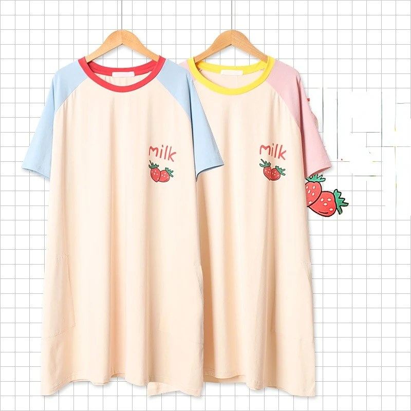 Kuzuwata Japanese Casual Home Wear Pajama Dress O Neck Stripe Contrast Color Short Sleeve Sleepwear Strawberry Print Underwear