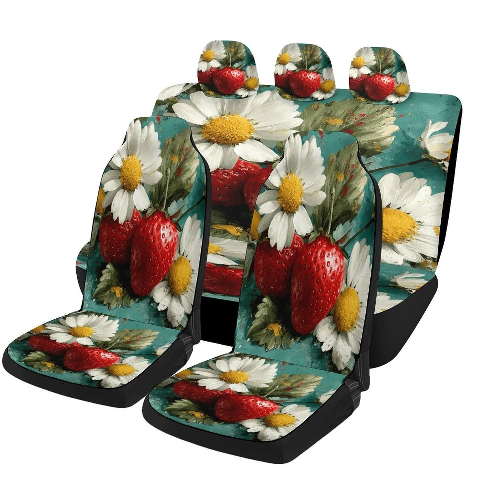 Car Seat Cover Set Featuring Strawberries And Daisies, Suitable For A Variety Of Vehicles. Stylish And High-Quality Covers For B