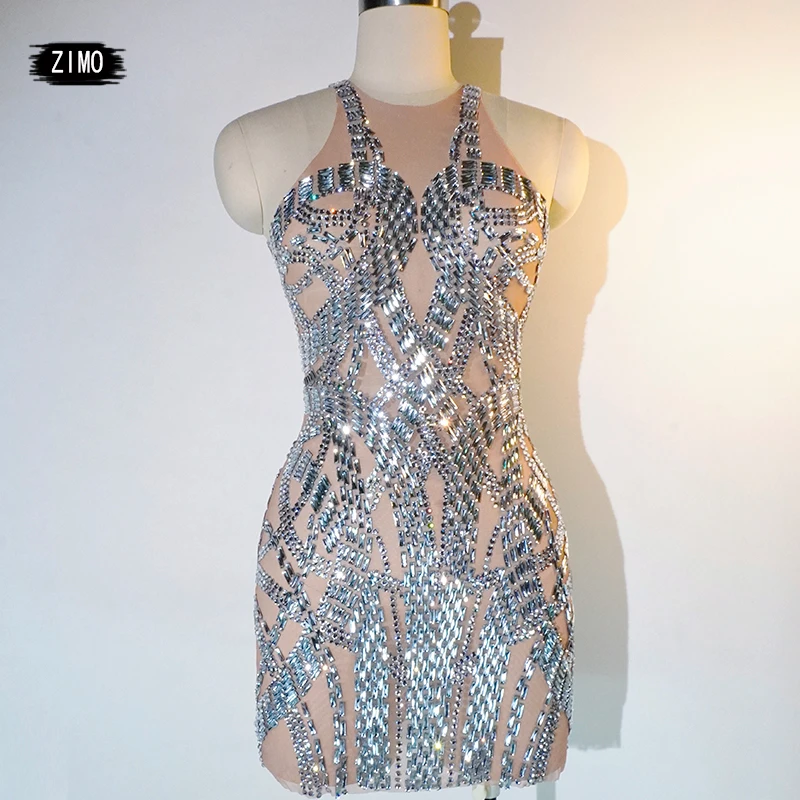 

Glittering white rhinestone sequin mesh nude Short dress Stretch Drag Queen Costume Performance dance singer Party Rave Outfit