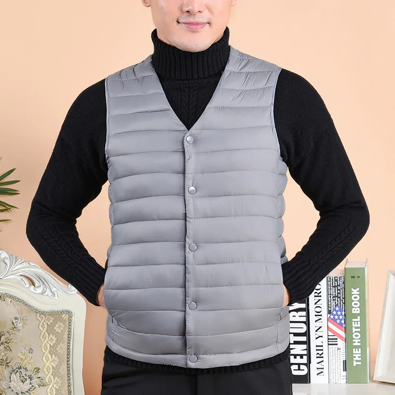 Men\'s Warm Down Cotton Vest Autumn Winter Men Sleeveless Coat Middle Elderly Solid Color V Neck Single Breasted Down Waistcoat