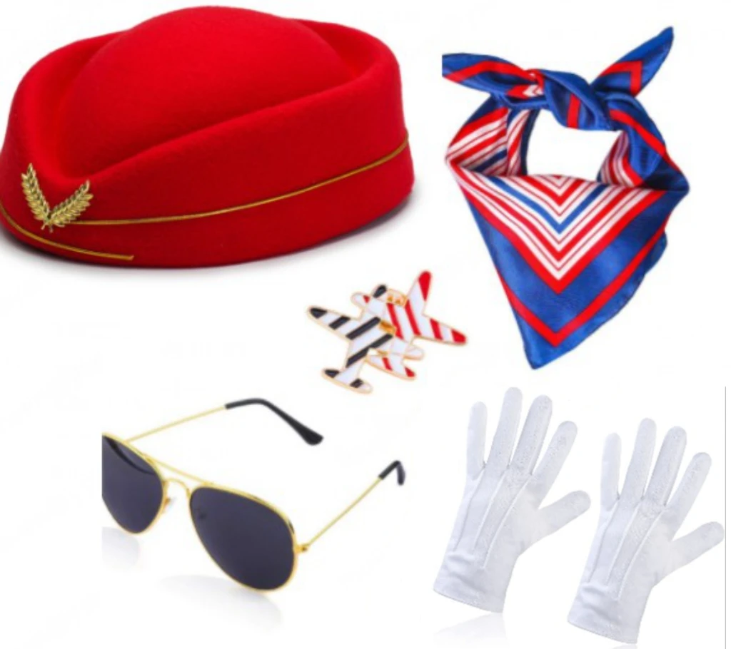Akcesoria do stroju stewardesy PESENAR, kostium stewardesy, kapelusz stewardesy, okulary przeciwsłoneczne, szalik, rękawiczki