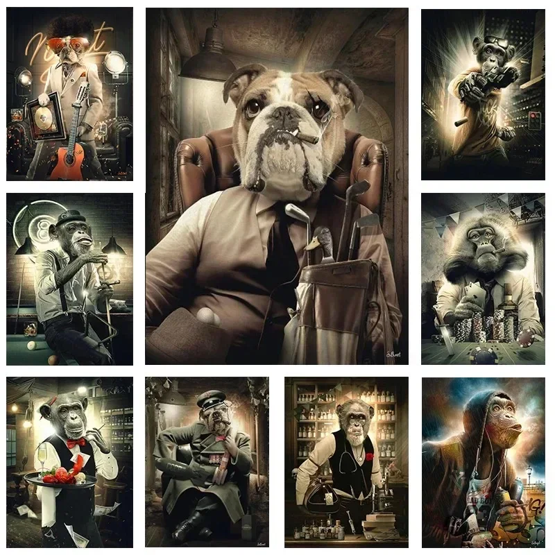 Interesting Monkey and Gorilla Smoking Play Billiards Posters and Prints Wall Art Canvas Painting Picture Living Room Home De