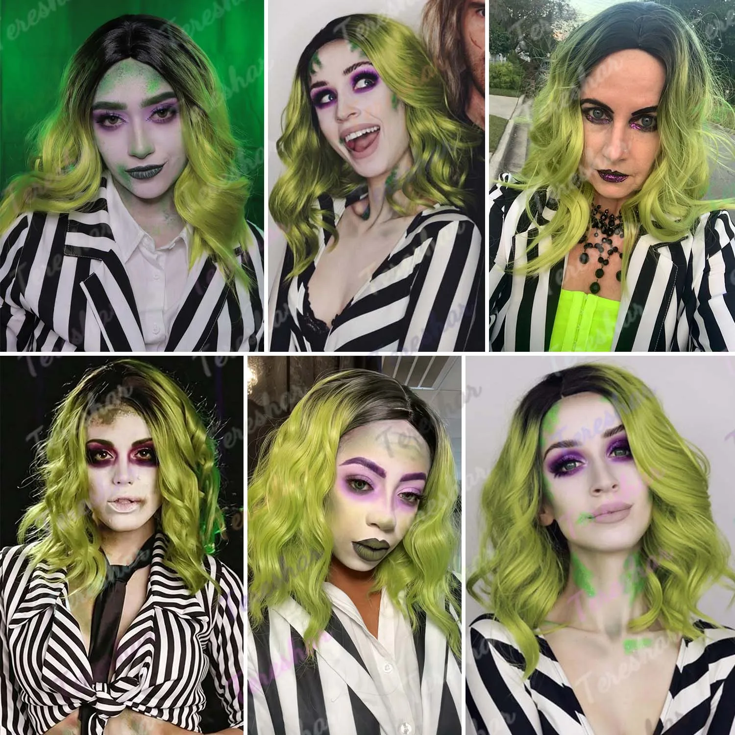 Synthetic Joker Wig for Women, Short Ombre Green Wavy Curly Bob Wig, Joker Costumes Wig for Cosplay Halloween Party Use