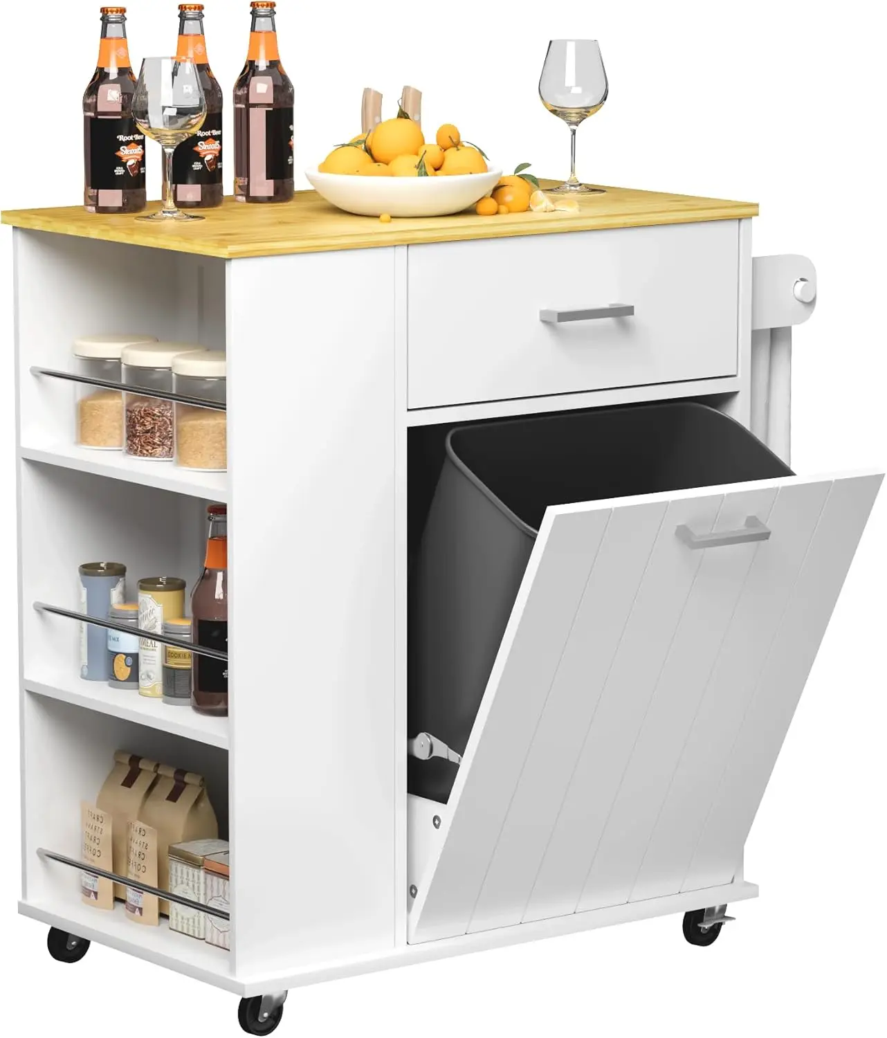 Kitchen Island with Trash Can Storage, Portable Kitchen Island on Wheels with Towel Rack & Spice Rack, Tilt Out Trash Ca