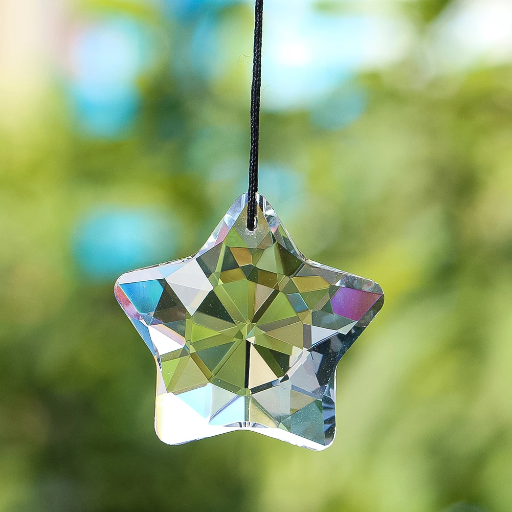 47mm Pentagram Crystal Suncatcher Prisms Lucky Star Glass Hanging Rainbow Maker Chandelier Parts Car Pendant Home Garden Decor