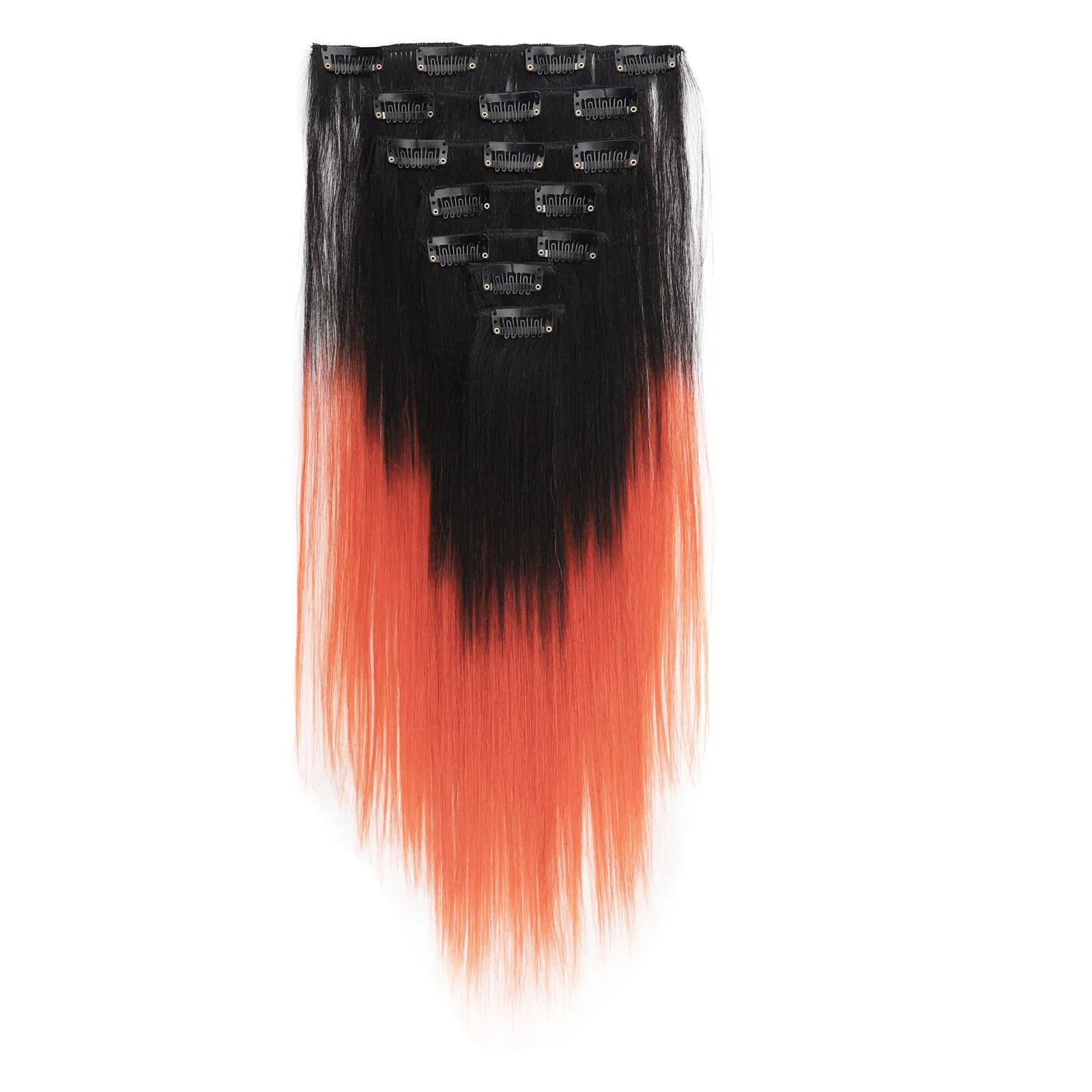 Jeedou 7Pcs Clip-in Hair Extensions 16Clips Short Straight Synthetic Hairpieces Black Orange Ombre Color for Girls Daily Use