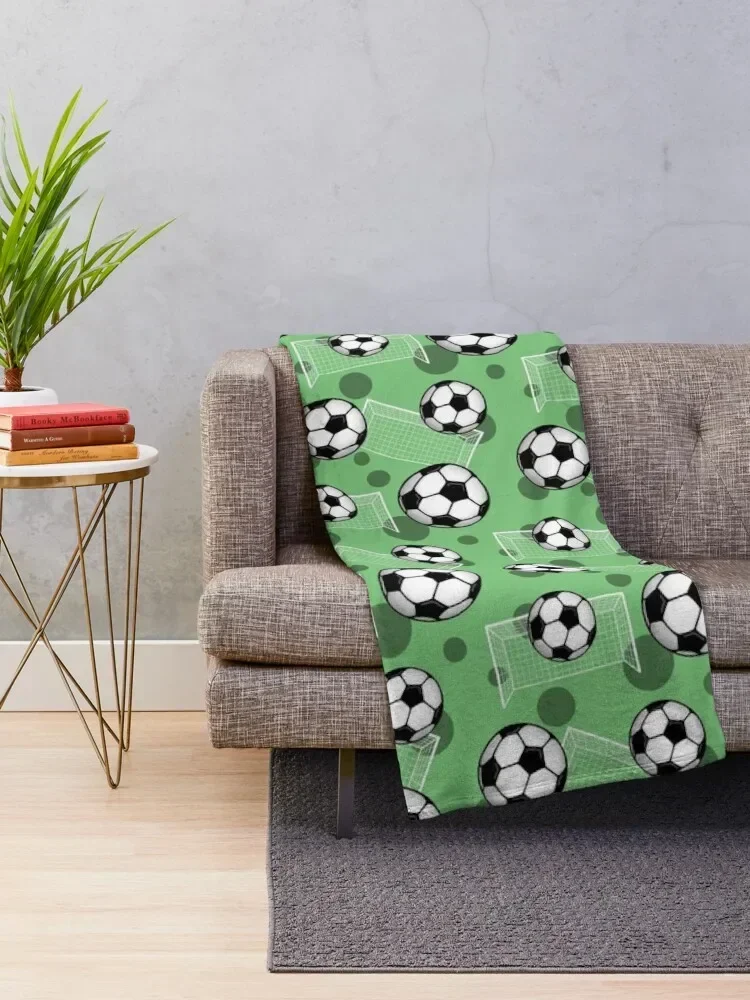 Soccer Ball and Goal Green Pattern - Green Soccer Throw Blanket Warm Extra Large Throw Blankets