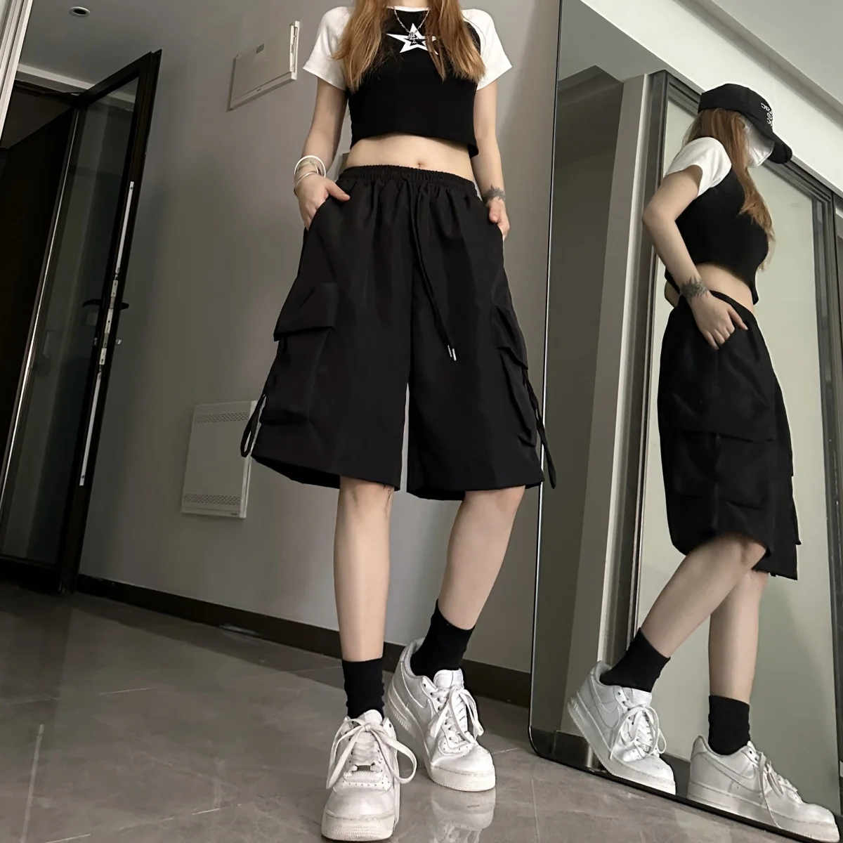 Cargo Pants 5 points Drawstring Waist Pockets Sports Wide Leg Shorts Trouser Women American Vintage Summer Straight Highstreet