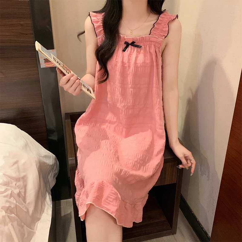 French Romantic Bow Women\'s Halter Nightgown Wrinkled Cloth Japan & Korean Y2k Sleepskirt 2024 New Summer Harajuku Home Clothes