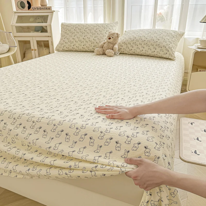 Washed Cotton Bed Sheets Set Single/Queen/King Cartoon Style Flat Sheets for Kids Rabbit Printed Soft Bed Flat Sheets Double Bed