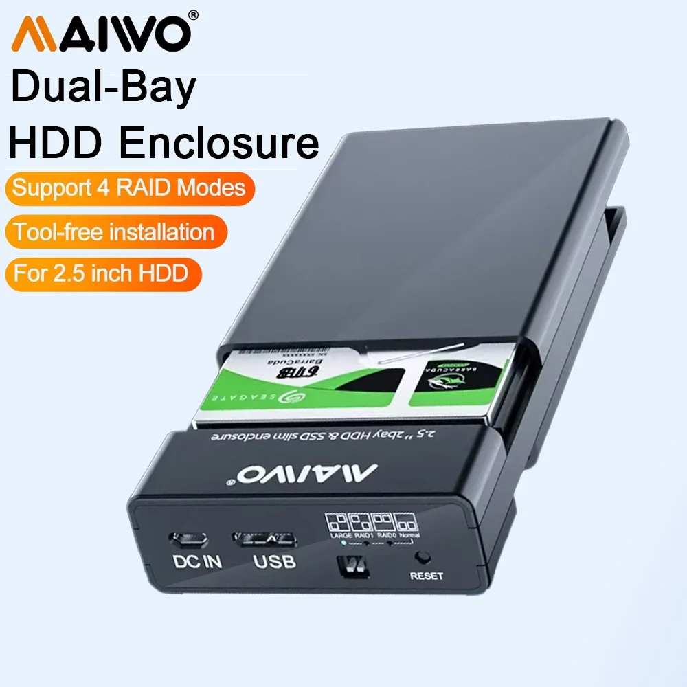 MAIWO Dual Bay 2.5 inch HDD Case USB3.0 Hard Drive Enclosure for 2.5" SATA SSD/HDD with 4 RAID Modes Tool-free for PC Laptop