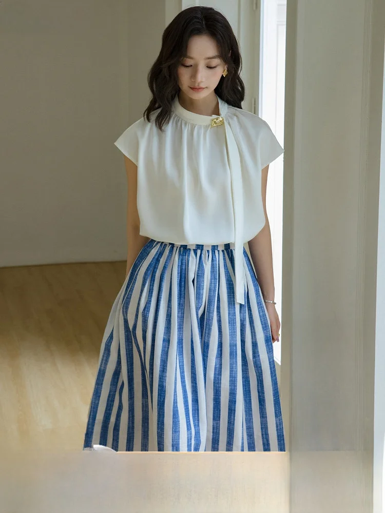 

Ретро-юбка миди в полоску с карманами, эластичной талией, из полиэфирного волокна, прямого кроя, А-силуэта