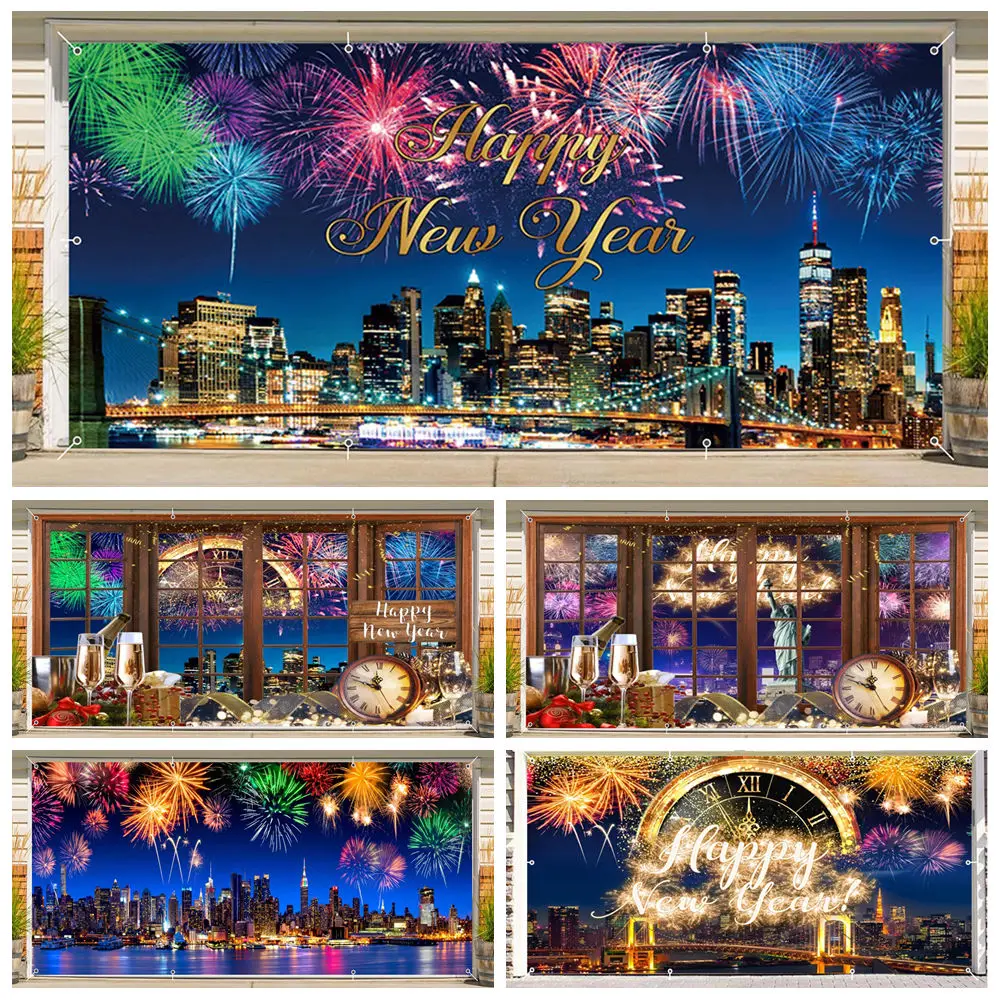 

Happy New Year Garage Door Decorations Banner Backdrop Fireworks Neon City Night Scene New Year Eve Family Outdoor Garage Door