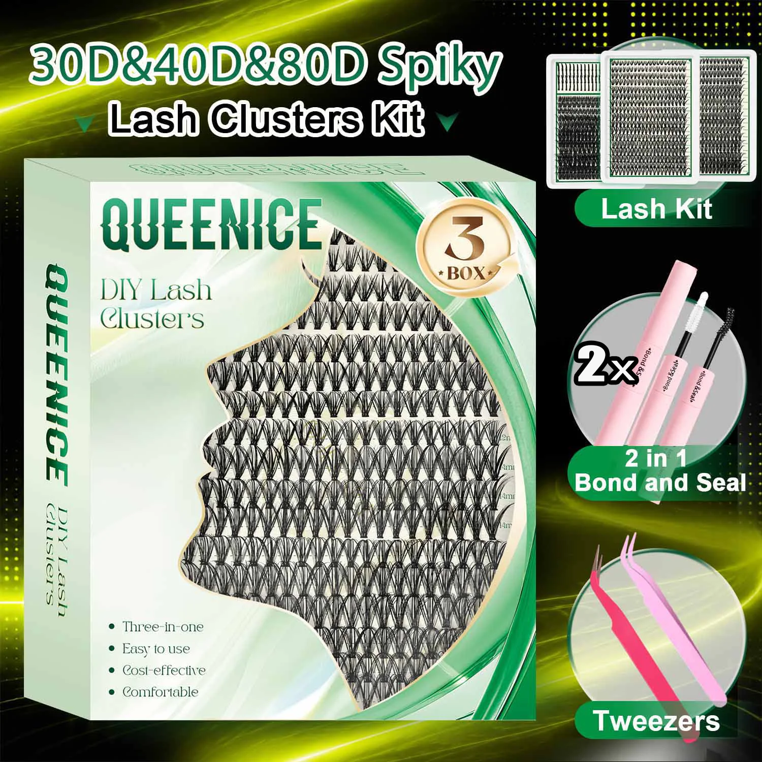 QUEENICE 3 Boxes DIY Cluster Lashes Kit Natural Spiky Manga Fluffy D Curl Mixed Length Individual Clusters Makeup Gift Box