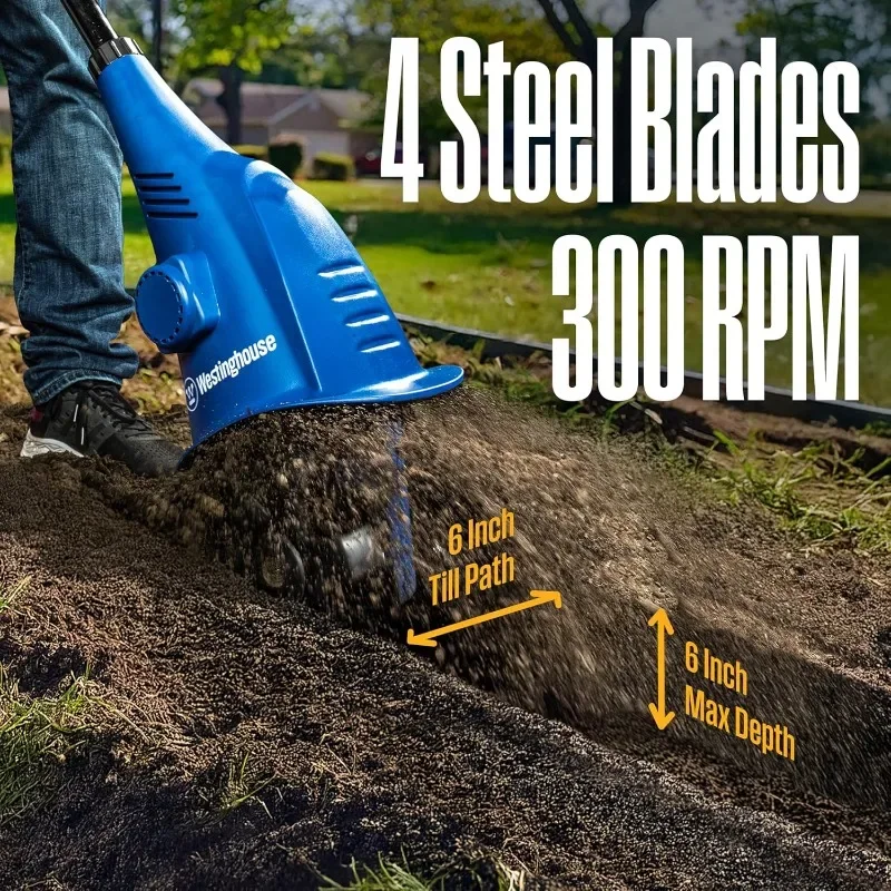 Westinghouse Mini cultivador elétrico com fio de 6 polegadas e 2,5 Amp para jardinagem, leve, 4 lâminas de aço
