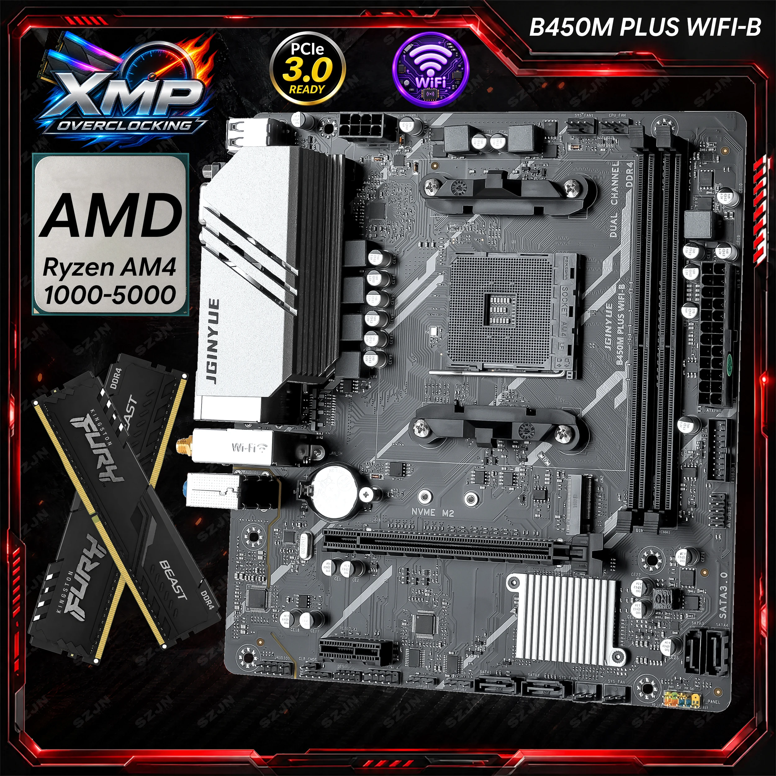 JGINYUE B450M PLUS WIFI-B Motherboard Set AM4 Ryzen1000-5000 R5 5600X CPU DDR4 16GB 32GB RAM M.2 NVMe PCIEx16 Desktop DIY Kit