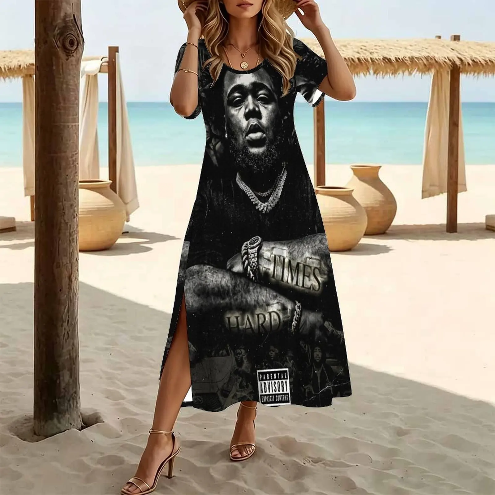 rodwave, rod wave Women's Round Neck Short Sleeve Split Long Dress