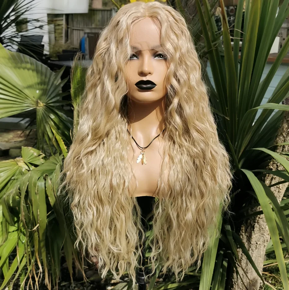 

24 Inch Long Womens Wig Light Blonde With 613 Blonde Highlights Deep Wave Curly Lace Front Wavy Synthetic Natural Mix Human Wigs
