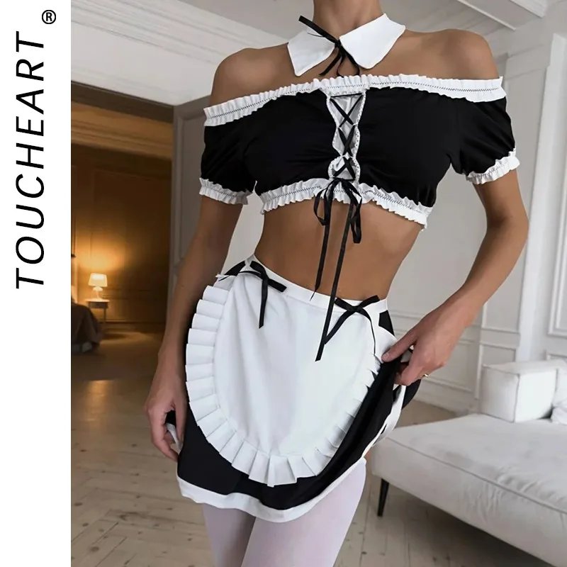 

Toucheart сексуальный костюм горничной косплей романтический контрастный цвет костюм для вечеринки тонкий ажурный интересный соблазнительный комплект нижнего белья