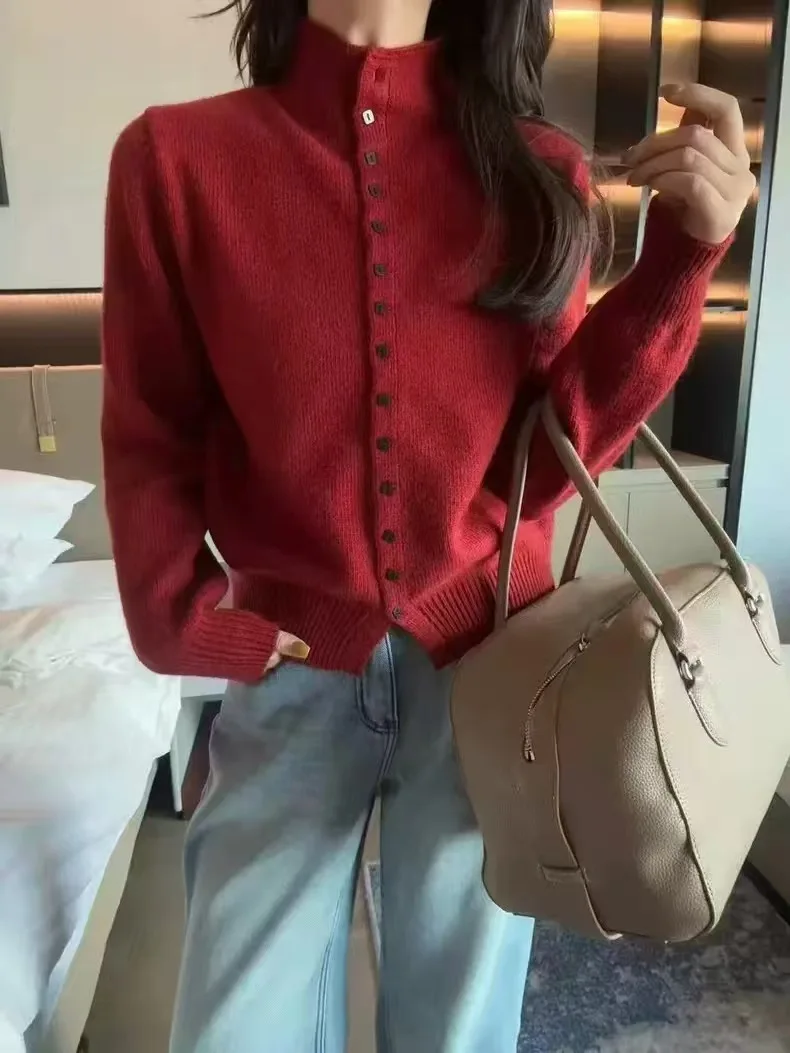 

Шерстяной свитер с высоким воротником в ленивом стиле для женщин осенью и зимой, свободный и повседневный, чтобы показать вес, базовый вязаный кардиган.